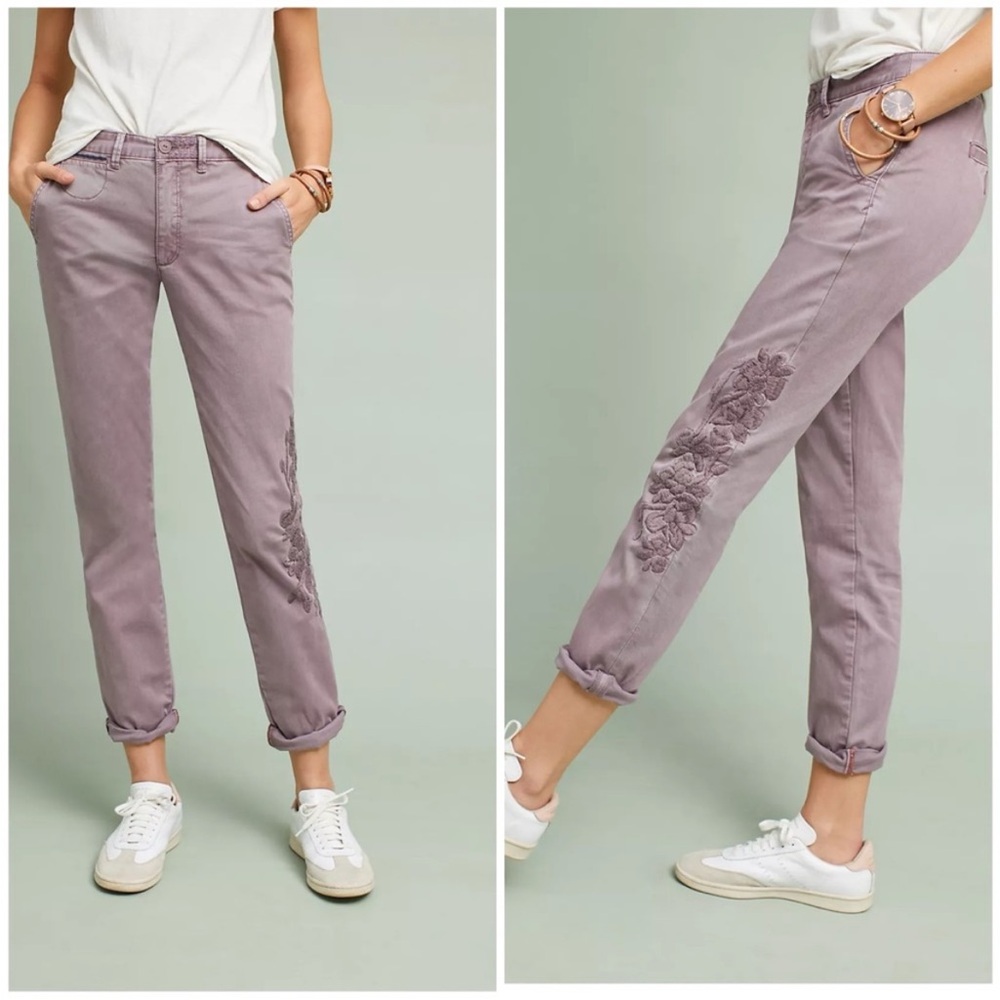 Anthropologie Relaxed Embroidered Chino Pants Purple Floral NWT Size 24 Petite